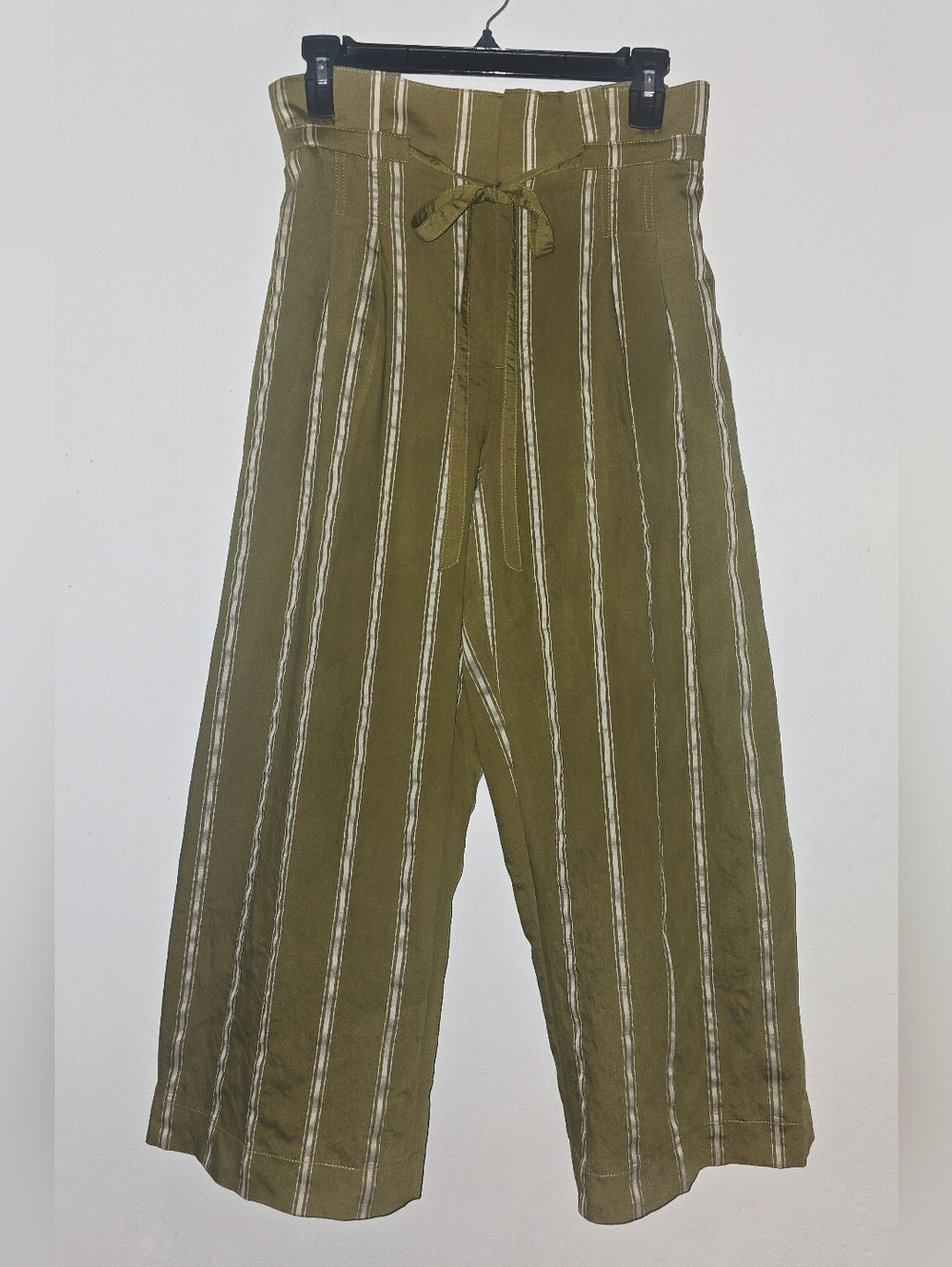 Club Monaco Olive Green Striped Wide-Leg Pants paper-bag waist with a tie belt